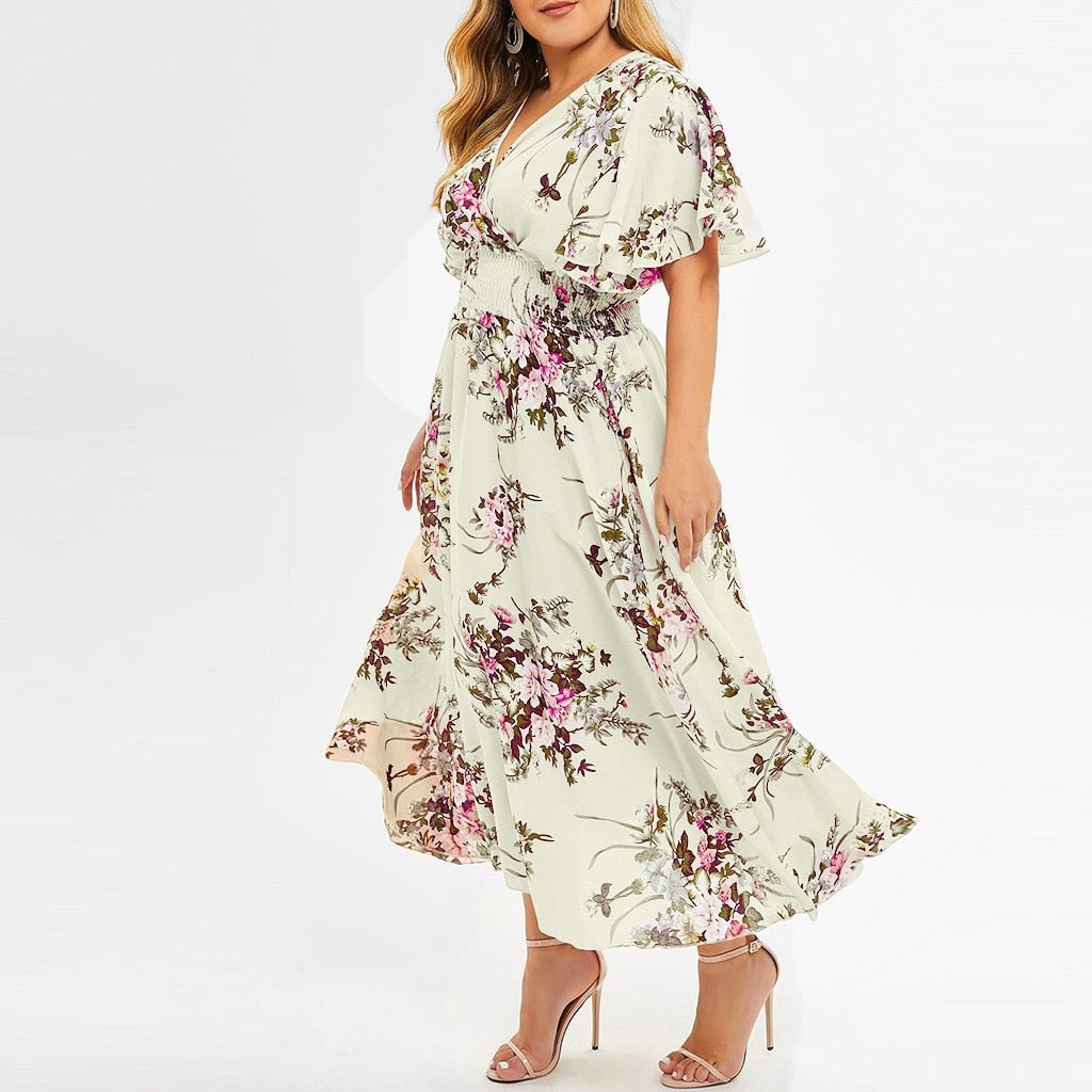 Fashion Plus Size Women Dress Floral Chiffon Flower Dress Bohemian Beach Summer Dresses