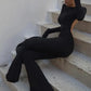 Solid Black Sexy Backless Bodycon Wide Leg Jumpsuit Women Autumn Casual Slim Long Sleeve O-Neck Playsuit Lady Streetwear