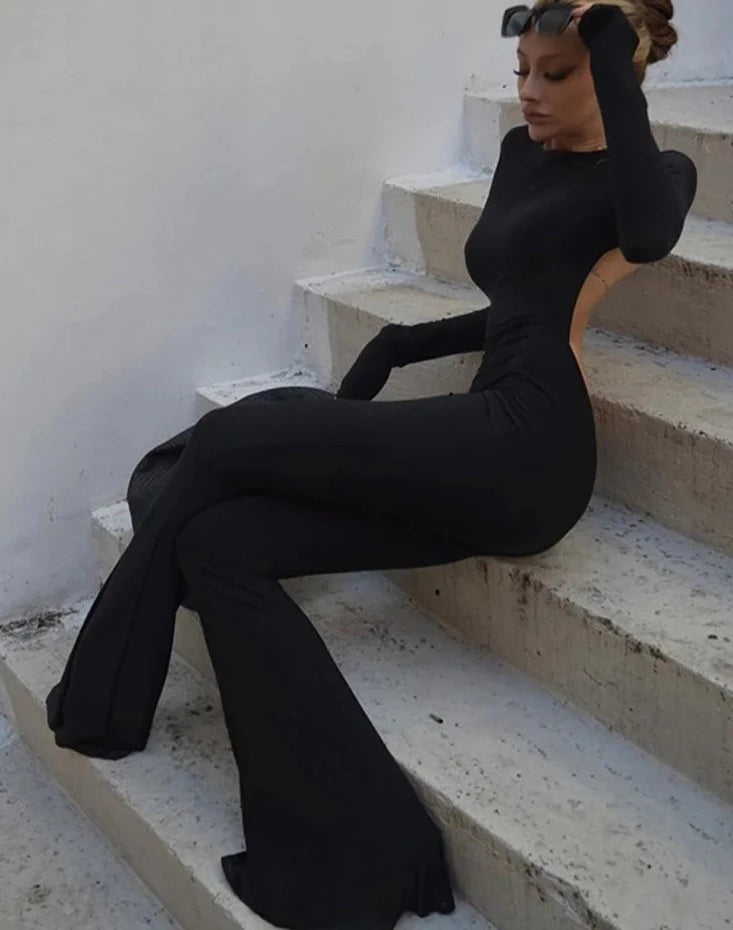 Solid Black Sexy Backless Bodycon Wide Leg Jumpsuit Women Autumn Casual Slim Long Sleeve O-Neck Playsuit Lady Streetwear