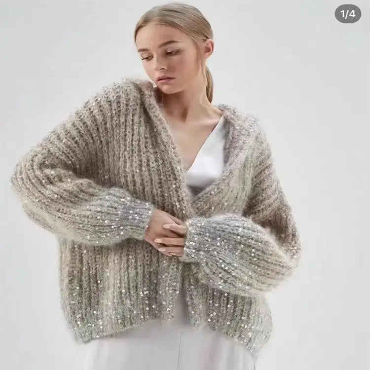 Autumn Winter Maillard Sequined Cardigan Jakcet Loose Hooded Knitted Sweater Coat Women's Winter Thick Warmer Sweater