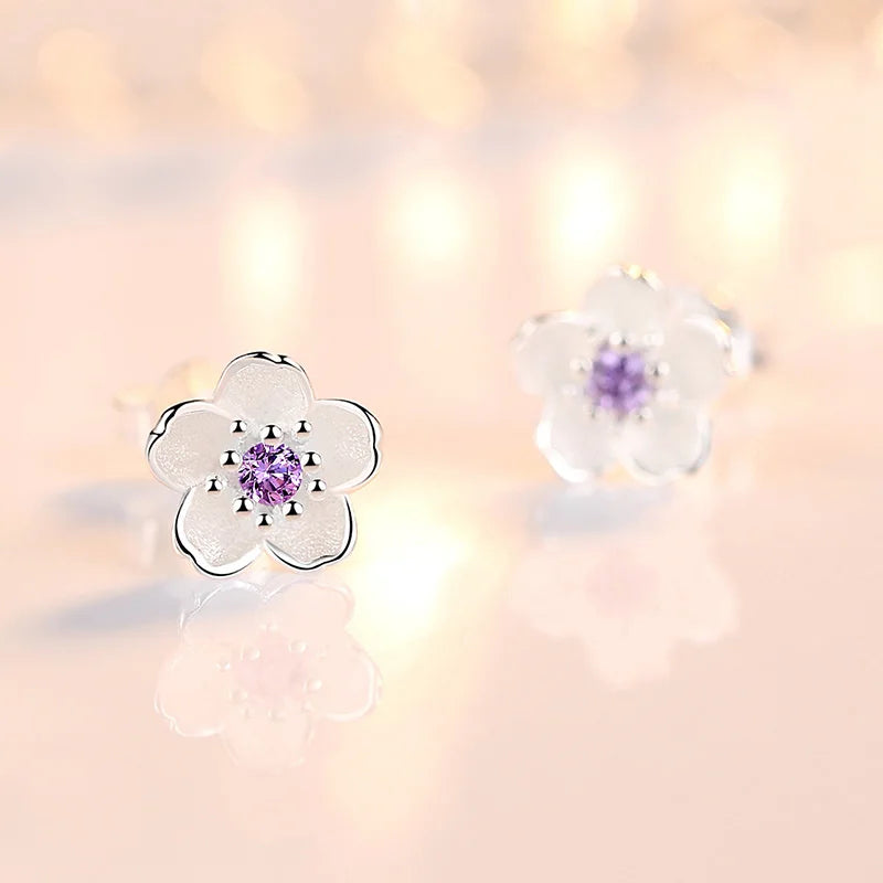 925 Sterling Silver Crystal Jewelry Flower Stud Earrings