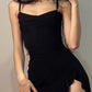 Summer Sexy Mini Dress Women Sleeveless Strap Streetwear Backless Folds Bodycon Split Black Dress Party Elegant A-LINE Dresses