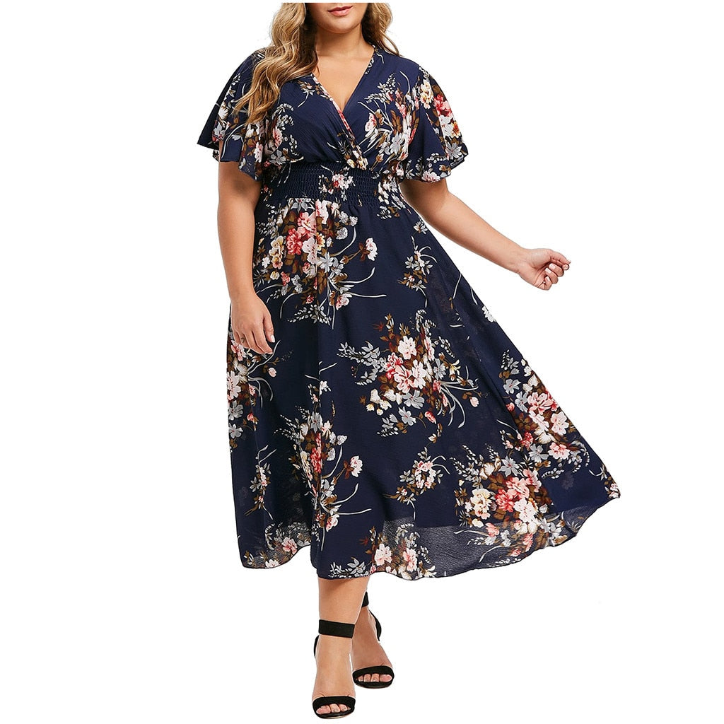 Fashion Plus Size Women Dress Floral Chiffon Flower Dress Bohemian Beach Summer Dresses