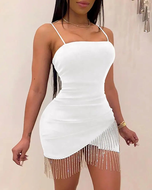 Woman Party Night Birthday Tassel Split Sleeveless Bodycon Dress Summer Elegant Suspender Short Mini Sexy Dresses