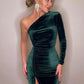 Women Elegant Long Sleeve Party Evening Velvet Bodycon Split Pencil Midi Dress