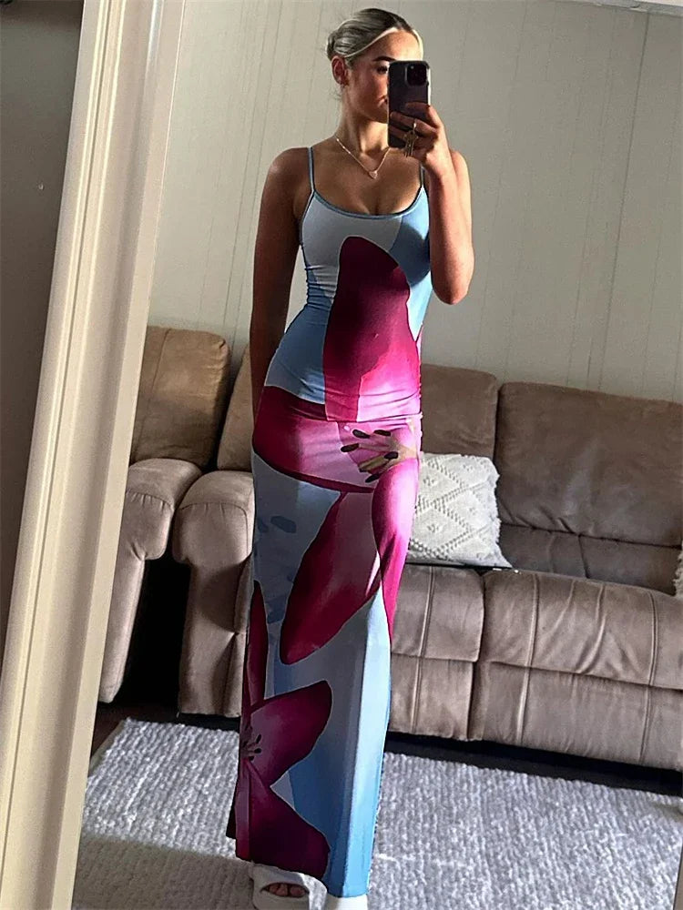 Printed Spaghetti Hot Backless Maxi Slim Elegant Contrast Patchwork Halter Dresses