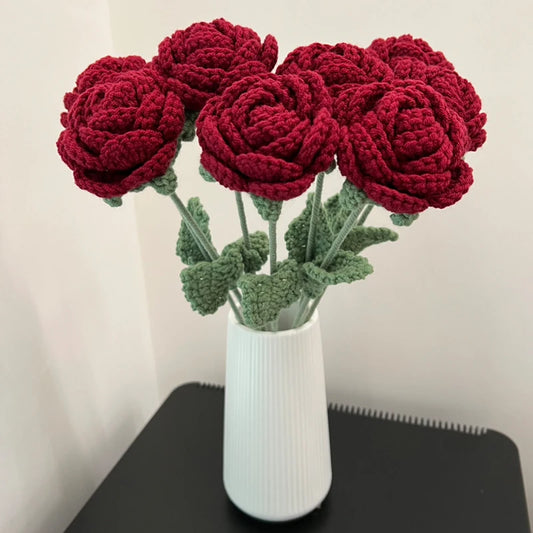 Hand-Knitted Rose Flower Wedding Bouquet Fake Flower Handmade Knitting Crochet Flower Home Decor