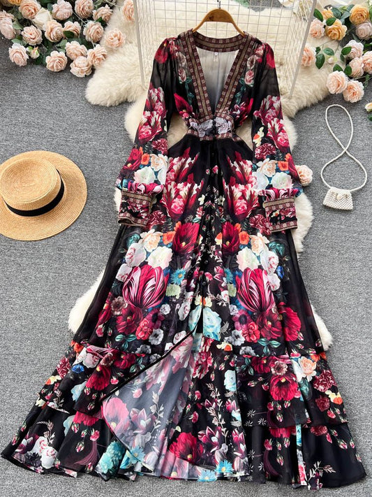 Fashion Runway Flower Chiffon Cascading Ruffles Dress