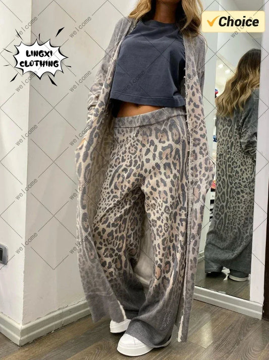 Leopard Print Long sleeved Cardigan Coat Long Pants Set Two piece Women's Casual Robe Loose Set