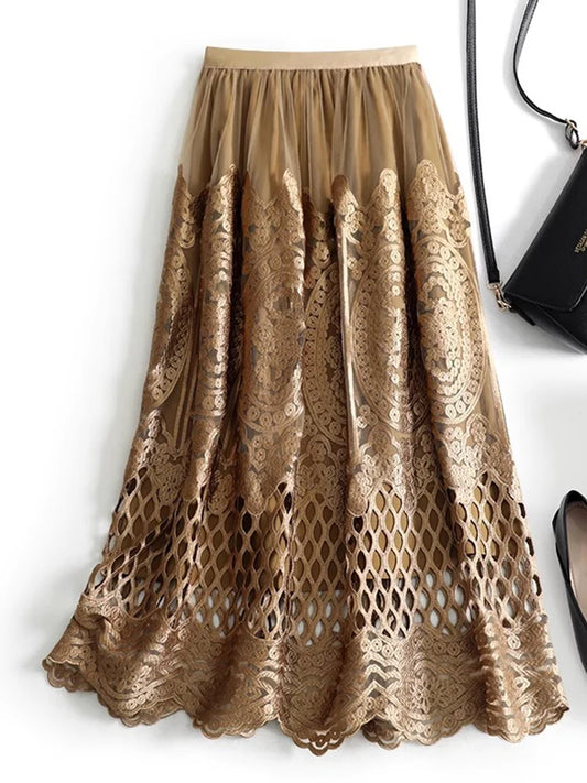 Crochet Lace Tulle Midi Long Skirt for Women Vintage Elegant Hollow Out A Line High Waist