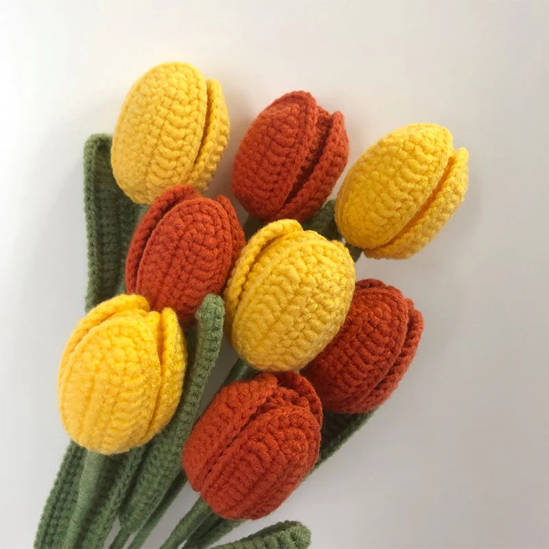 INS Style Artificial Tulips Bouquet Knitted Hand-Woven Fake Flower DIY Home Wedding Decor Handmade