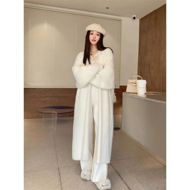 Autumn/Winter Lazy Style Loose Knee Length Thickened Pure Imitation Mink Fleece Knitted Sweater Cardigan Coat