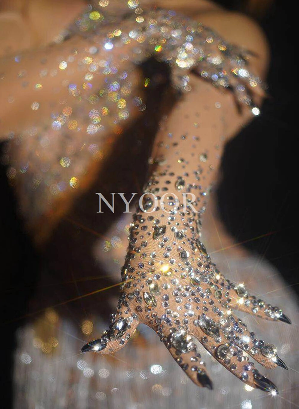 Luxurious Stretch Rhinestones Gloves Sparkly Crystal Mesh Long Gloves Dancer Singer Nightclub