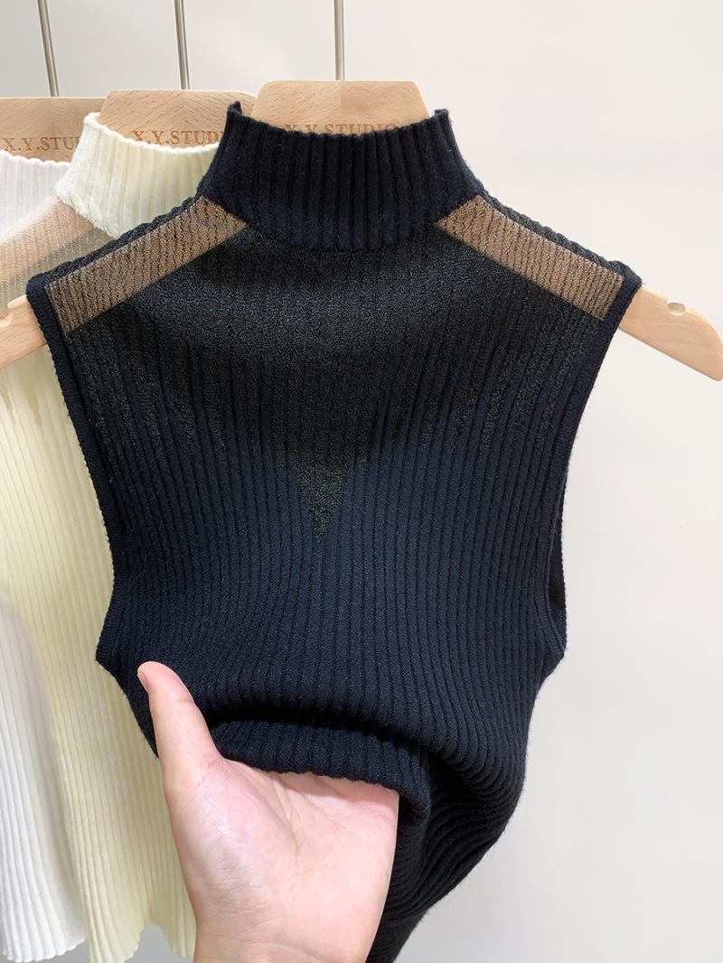 Mesh Hanging Neck Semi-high Neck Knitted Small Vest Female Undershirt Sweater Sleeveless T-shirt Short Tanks