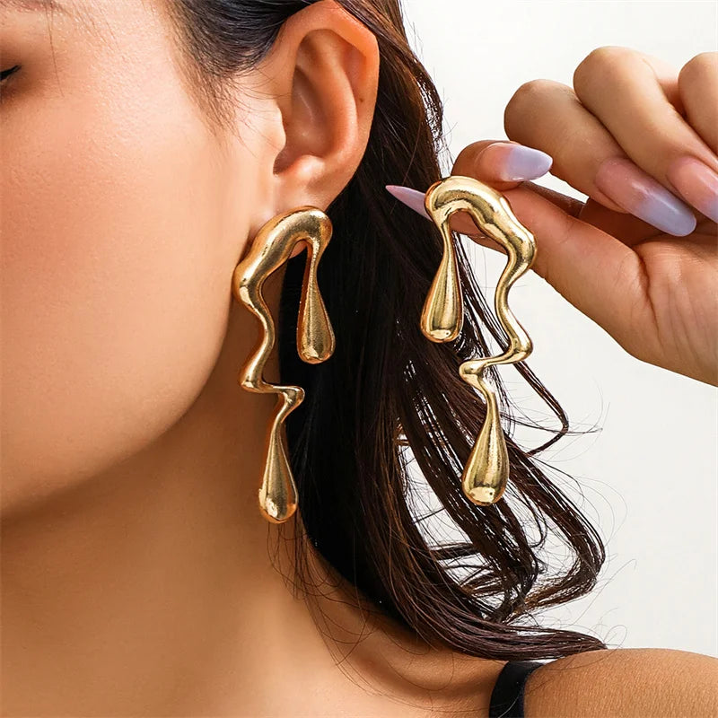 Liquid Metal Wind Irregular Water Drop Earrings Punk Style Fashion Stud Earrings