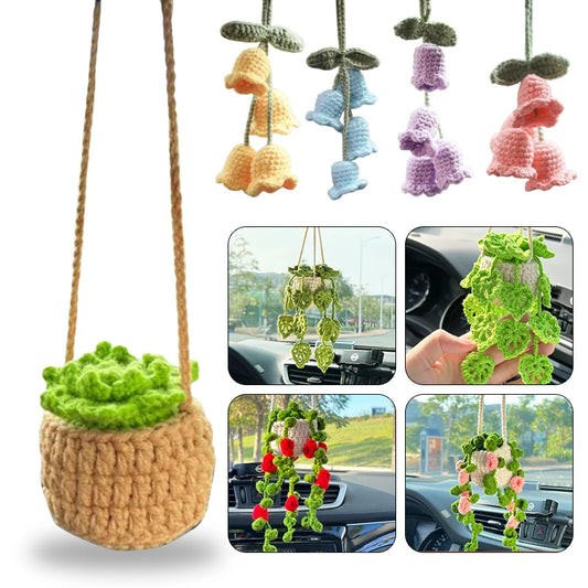 Hand-Knitted Plant Bell Orchid Flowers Pendant Car Hangings Ornament Finished Handmade Crochet Bag Pendant Car Charms Home Decor