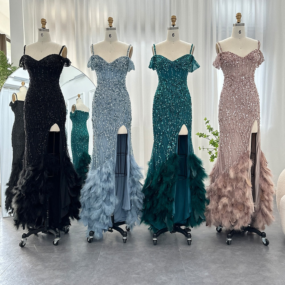 Luxury Pink Mermaid Feathers Prom Dresses Spaghetti Straps Green Black Blue Women Wedding Evening Dress