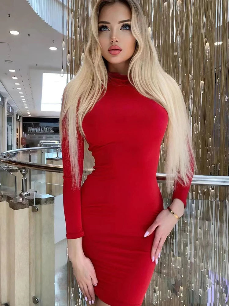 Turtleneck Long Sleeve Skinny Mini Dress Sexy Skirt Dresses Women Elegant Chest Slim Pleated Dress