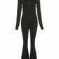 Solid Black Sexy Backless Bodycon Wide Leg Jumpsuit Women Autumn Casual Slim Long Sleeve O-Neck Playsuit Lady Streetwear