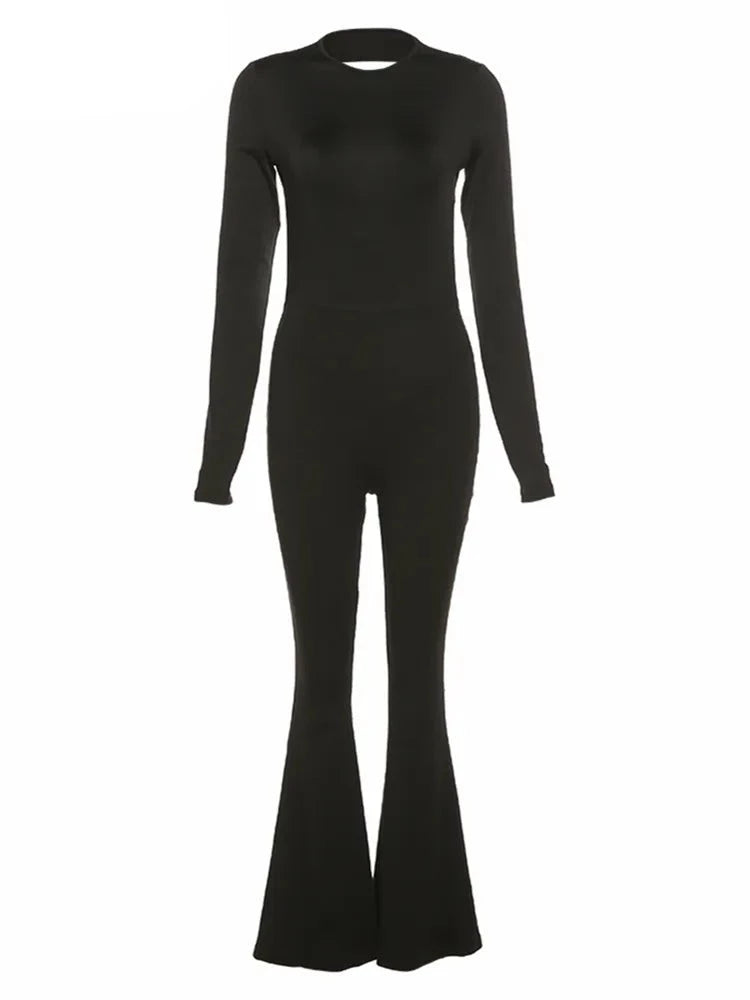 Solid Black Sexy Backless Bodycon Wide Leg Jumpsuit Women Autumn Casual Slim Long Sleeve O-Neck Playsuit Lady Streetwear