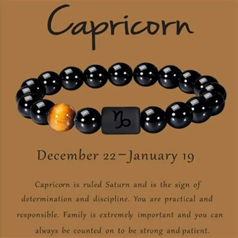 12 Constellation Zodiac Signs Beads Couples Bracelet Natural Black Onyx Stone Elastic Charm Bracelet