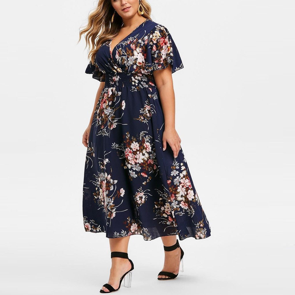 Fashion Plus Size Women Dress Floral Chiffon Flower Dress Bohemian Beach Summer Dresses