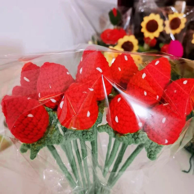 Hand Woven Strawberry Finished Eternal Flower Bouquet Crochet Simulated Flower