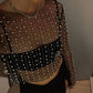 Women's Carnival Style Pearls Beaded Rhinestone Detail Sheer Mesh Crop Clubwear Cover Up Top Without Bra