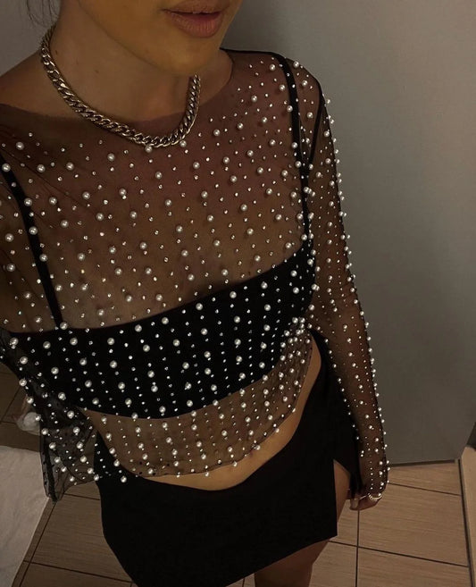 Women's Carnival Style Pearls Beaded Rhinestone Detail Sheer Mesh Crop Clubwear Cover Up Top Without Bra