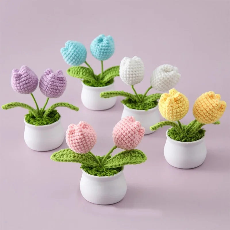 1pc Handmade Woven Flower Potted Artificial Knitted Crochet Tulip Plant Ornaments DIY Home Desktop