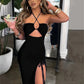 Hollow Out Drawstring Dress Women Sleeveless Backless High Split Elegant Ruched Dress Vestidos Partywear