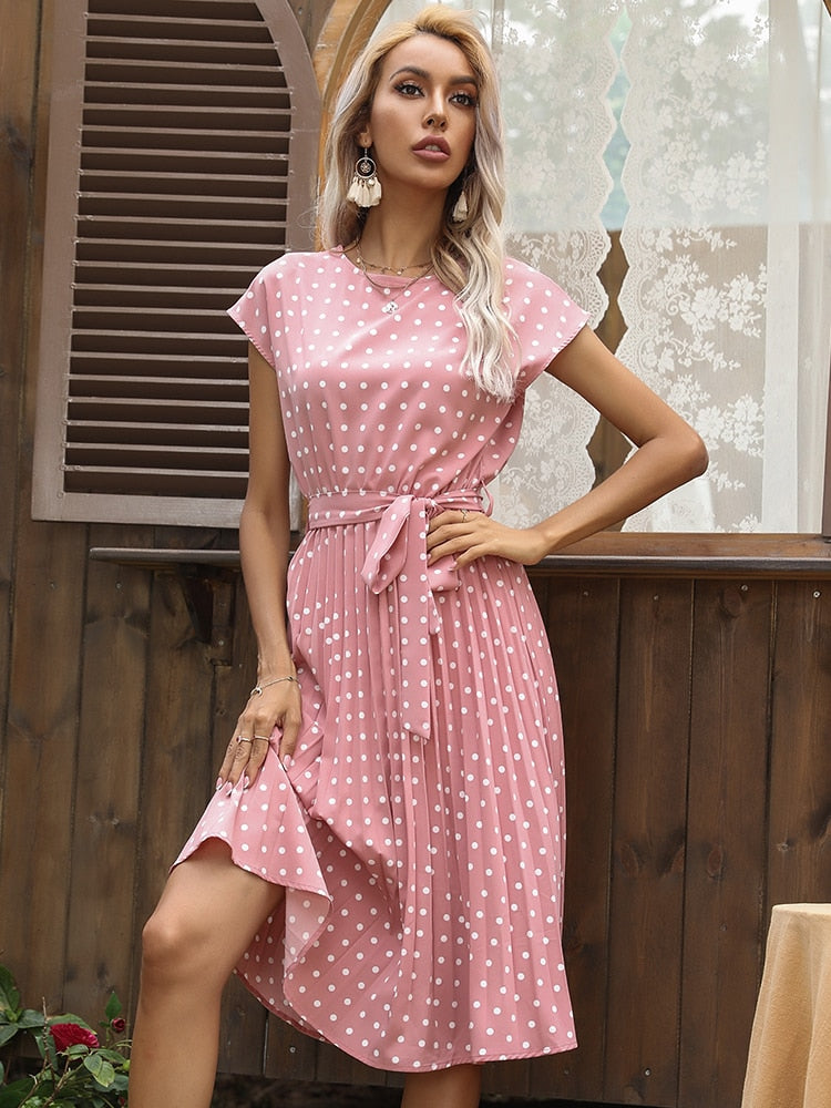 Women Beach Sundress Short Sleeve Polka Dot Print Vestido A-line Floral Elegant High Waist Pleat Casual Midi Dresses