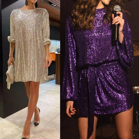 Puff Long Sleeve Glitter Sequin with Belt Sparkly Loose Fit Mini Dresses