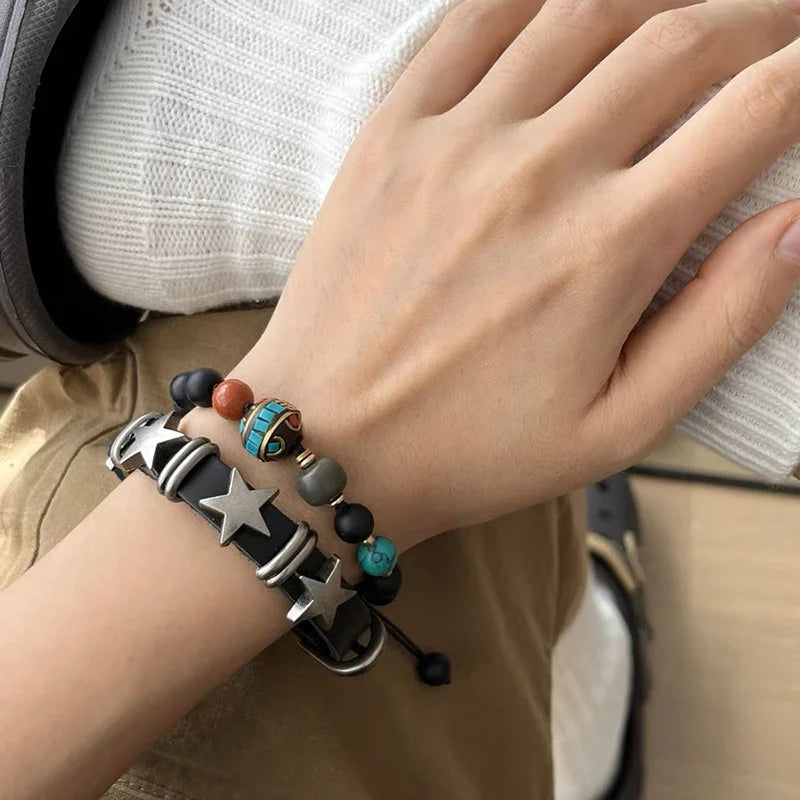 Vintage Star Leather Watchband Bracelet Cool Trend Charm Fashion Adjustable Bracelet Harajuku Y2k