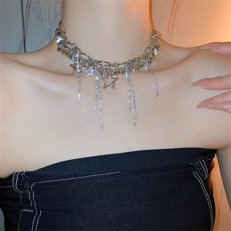 Hollow Silver Color Star Choker Necklaces Long Tassel Rhinestone Clavicle Chain Necklaces Statements Jewelry