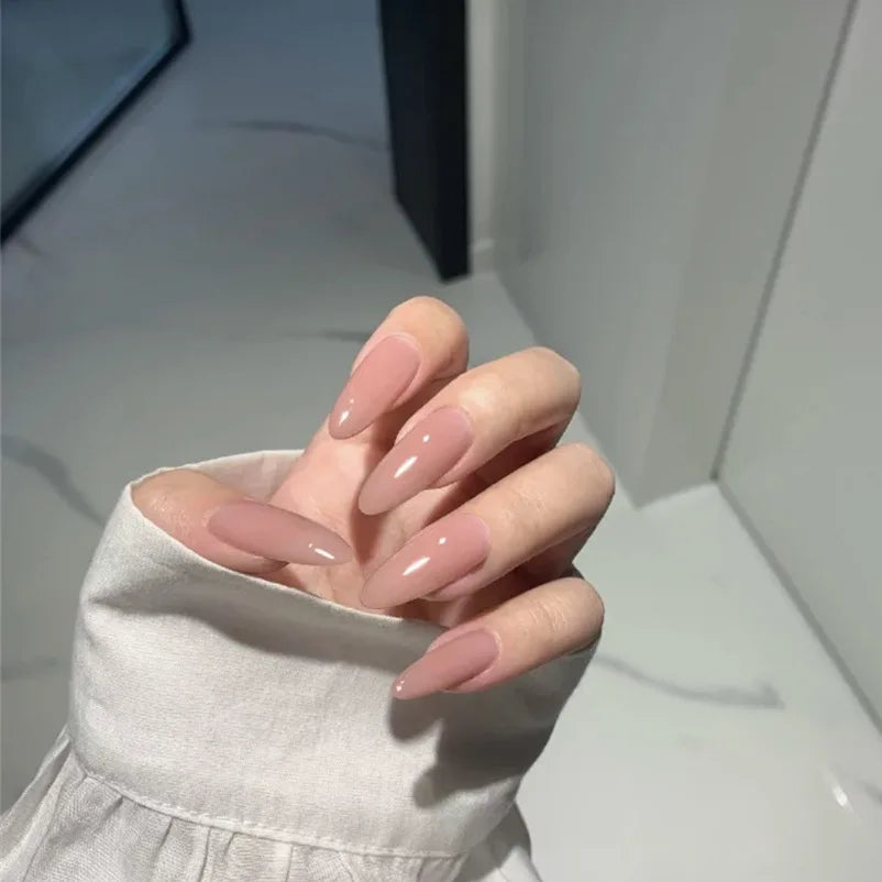 24pcs/Box Long Stiletto False Nails with Glue Red Nude Pink White MilkTea Color Jelly Nails Tips Full Cover Press On Nails