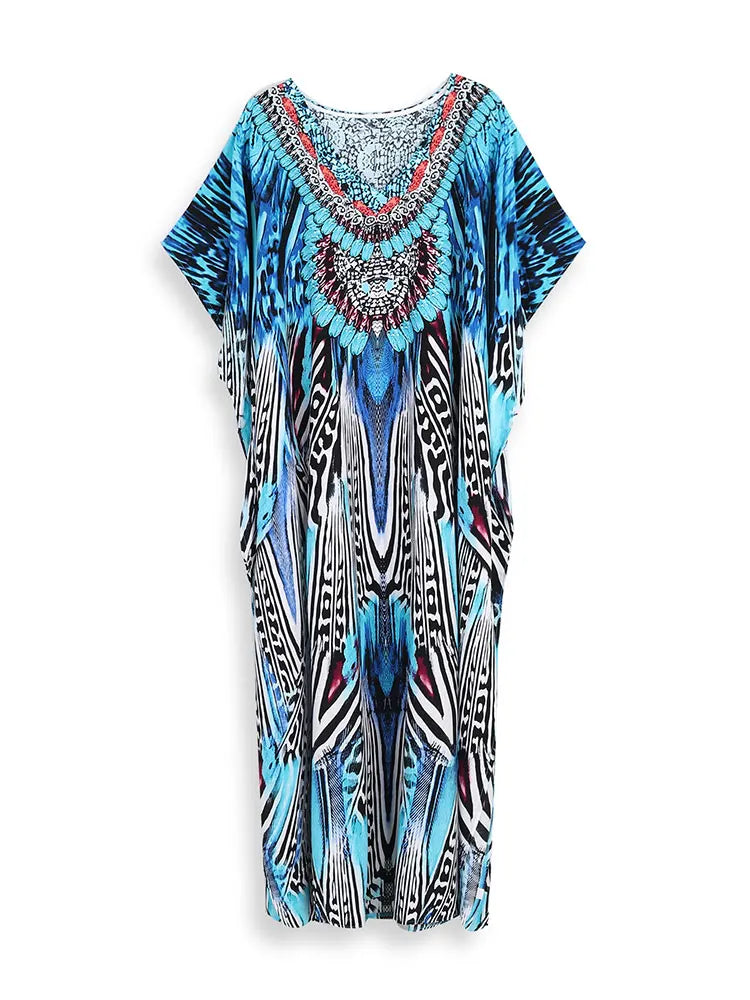 Bohemian Seaside Plus Size Print Kaftan Maxi Dress V Neck Slit Loose Robe Women Summer Beachwear Swimsuit Cover-ups