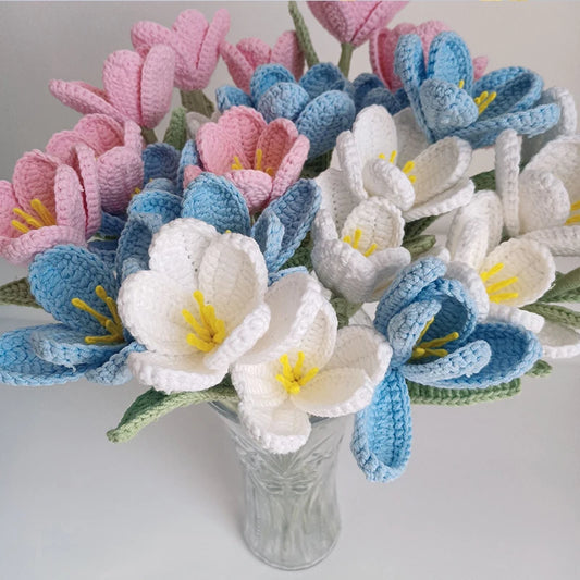 Hand-Knitted Flowers Artificial Tulips Bouquet Cotton Yarn Crochet Fake Flowers Home Table Decor