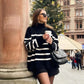 Winter Black And White Stripe Sweater Women Streetwear Loose Pullover Jumper Tops Female Long Sleeve Turtleneck Knitted Sweaters