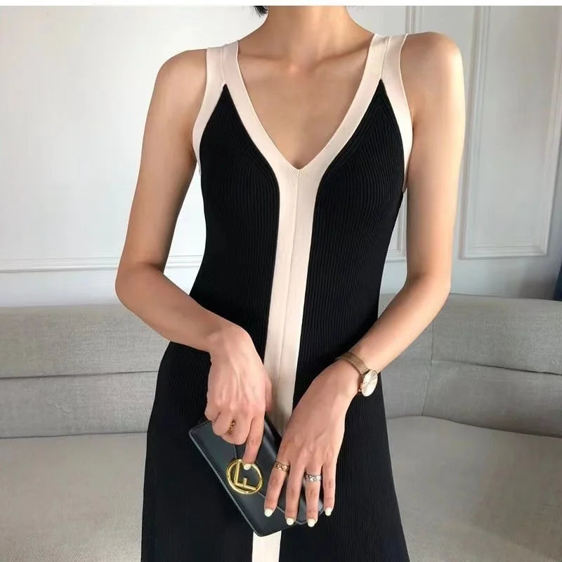 V-neck Maxi Sexy Sling Sleeveless Knitted Long Dress