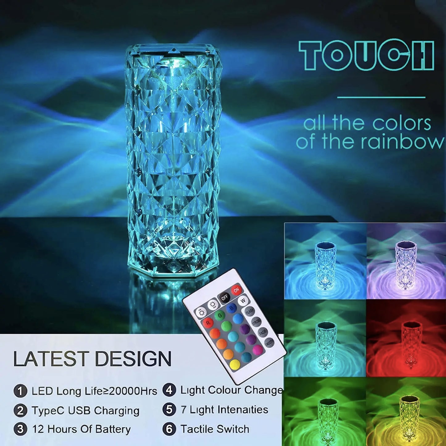 Rechargeable 16 Colors RGB Rose LED Night Light Color Changing Crystal Touch Table Lamp