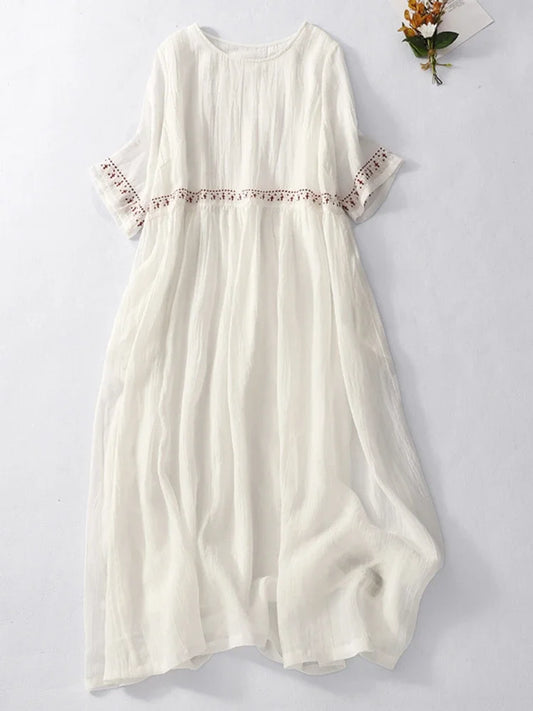 Retro Cotton Linen Summer Loose Breathable Embroidery Round Neck Casual Dress