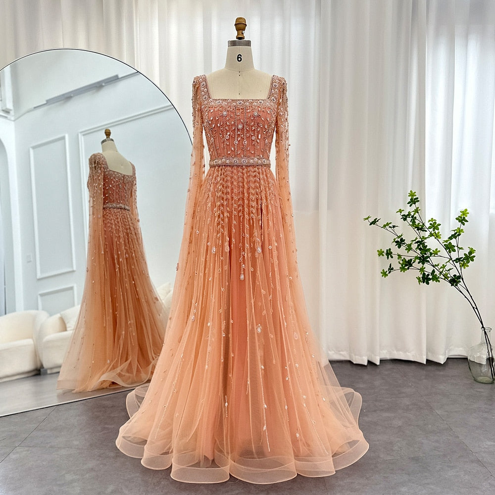 Luxury Pink Dubai Evening Dresses for Women Wedding Square Neck Cap Sleeves Arabic Muslim Formal Party Gowns