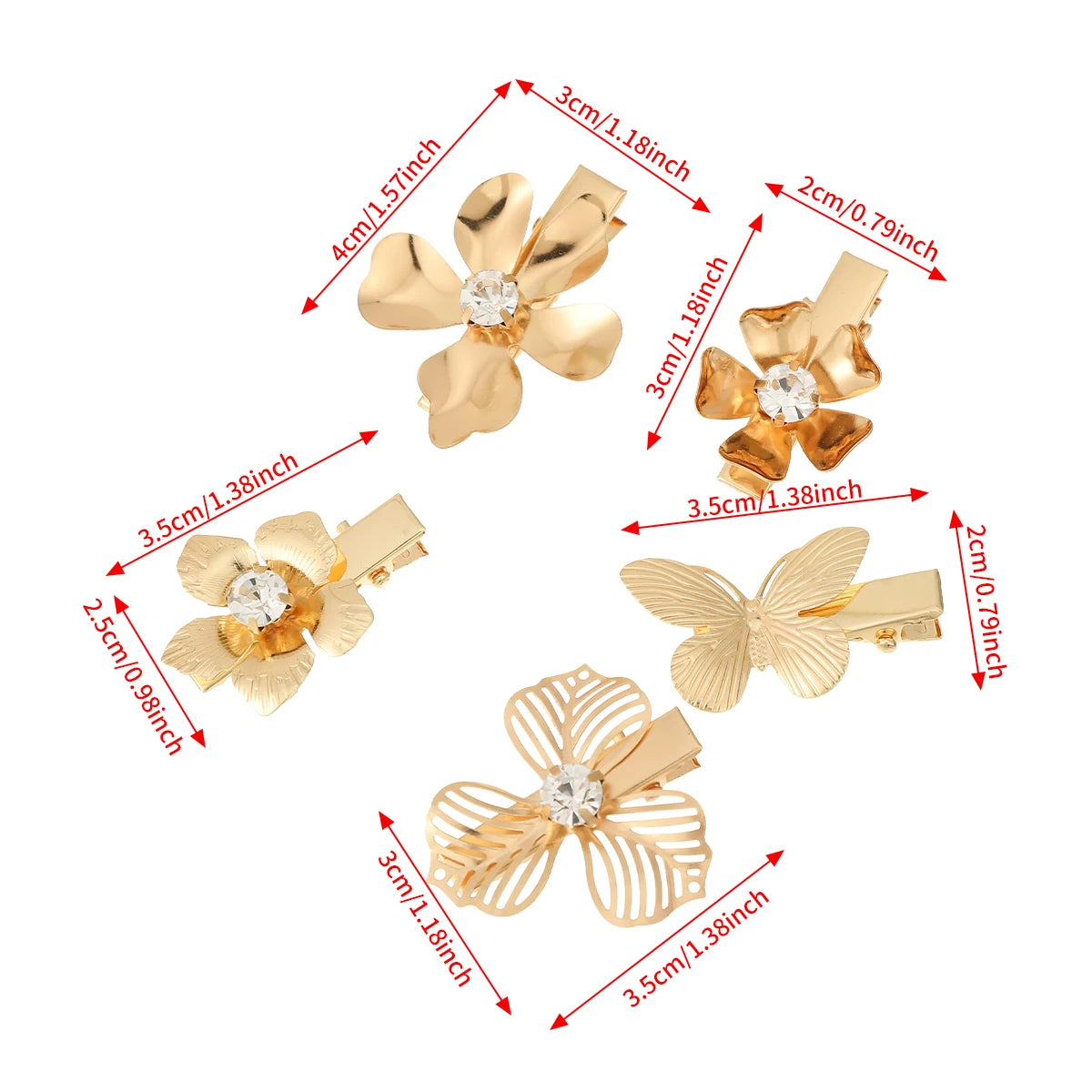 4PCS Alloy Gold Flower Hair Clips Metal Butterfly Barrettes Girl Duck Clip Hairpin Rhinestones Hair Snap Clips