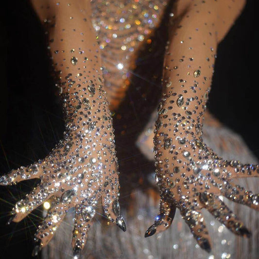 Luxurious Stretch Rhinestones Gloves Sparkly Crystal Mesh Long Gloves Dancer Singer Nightclub