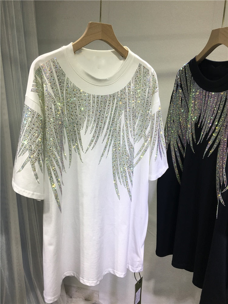 Rhinestone Graphic T-shirts Luxury Large Size Tunic for Women Men Summer Cotton Womens Clothing Chubby