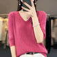 Women Sweater Short Sleeve V-neck Stripe Knitwears Slim Fit Shirt Pullovers Thin Knit Tops