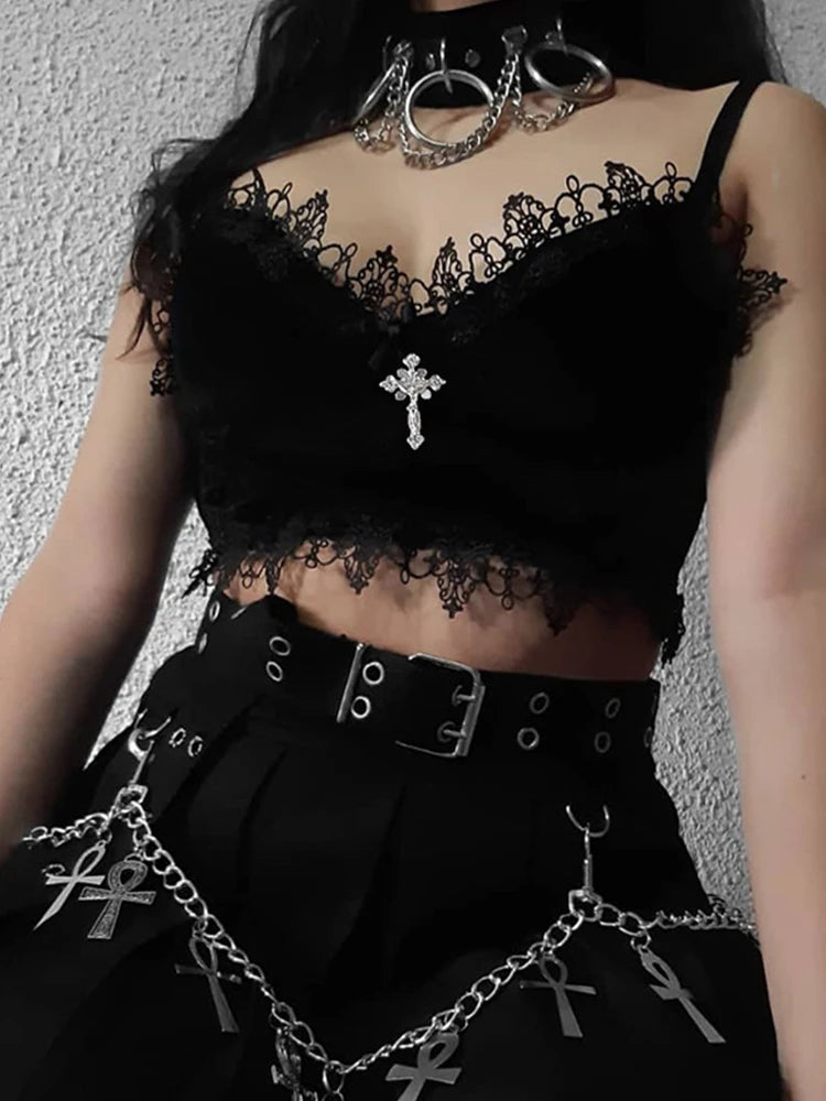 Velvet Y2K Mall Goth Crop Tops Black Lace Trim Emo Alternative Aesthetic Crop Tops