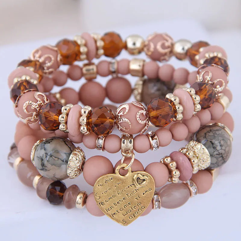 Heart Bead Bracelet Fashion Accessories Antique Tassel Multilayer Mixed Color Beaded Bracelet Set