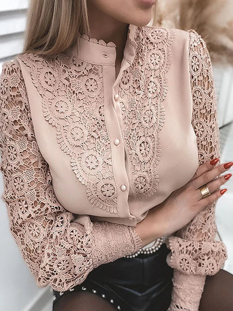 White Lace Patchwork Shirts Women Sexy Hollow Out Long Sleeve Blouse  Female Elegant Fashion Casual Single Breasted Shirt Tops